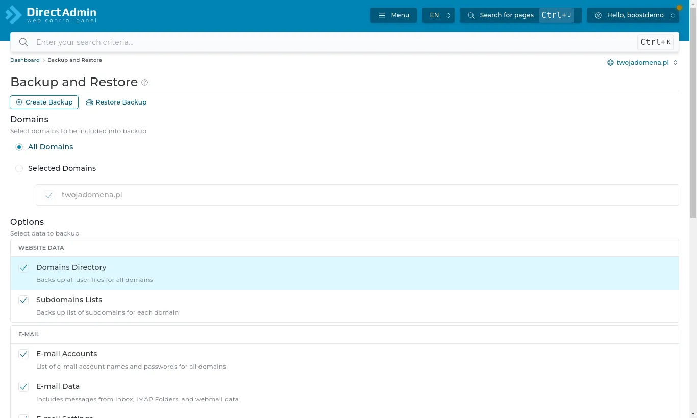Backup and Restore: choosing domains and items