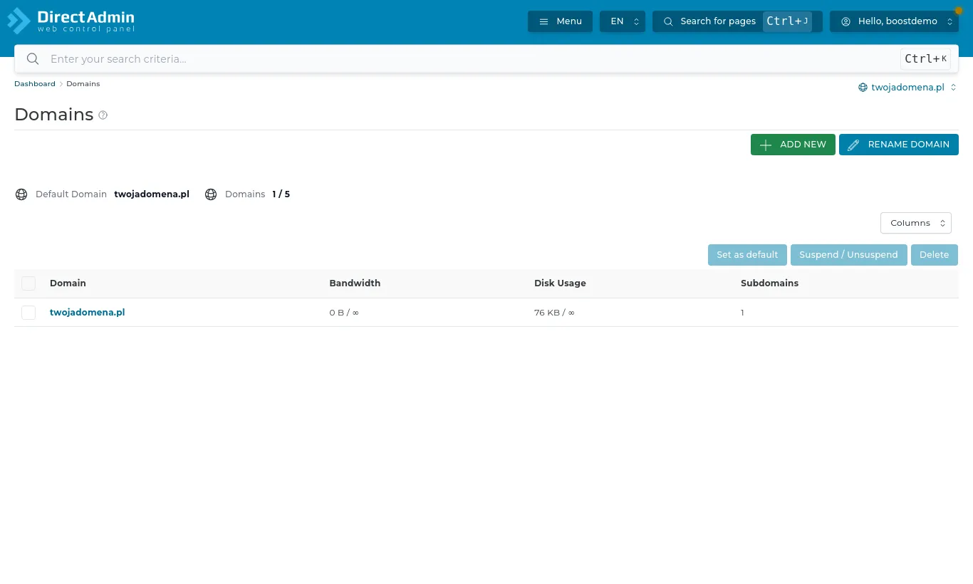Domains on the hosting account