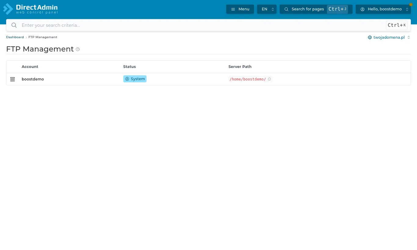 FTP Management - the list of accounts